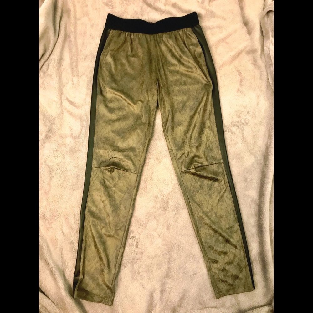 Green and black faux textured suede pants